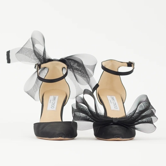 Jimmy Choo Averly 100 Black Mesh Bow Satin Pointed Toe Stiletto Heel Pumps - Picture 6 of 9